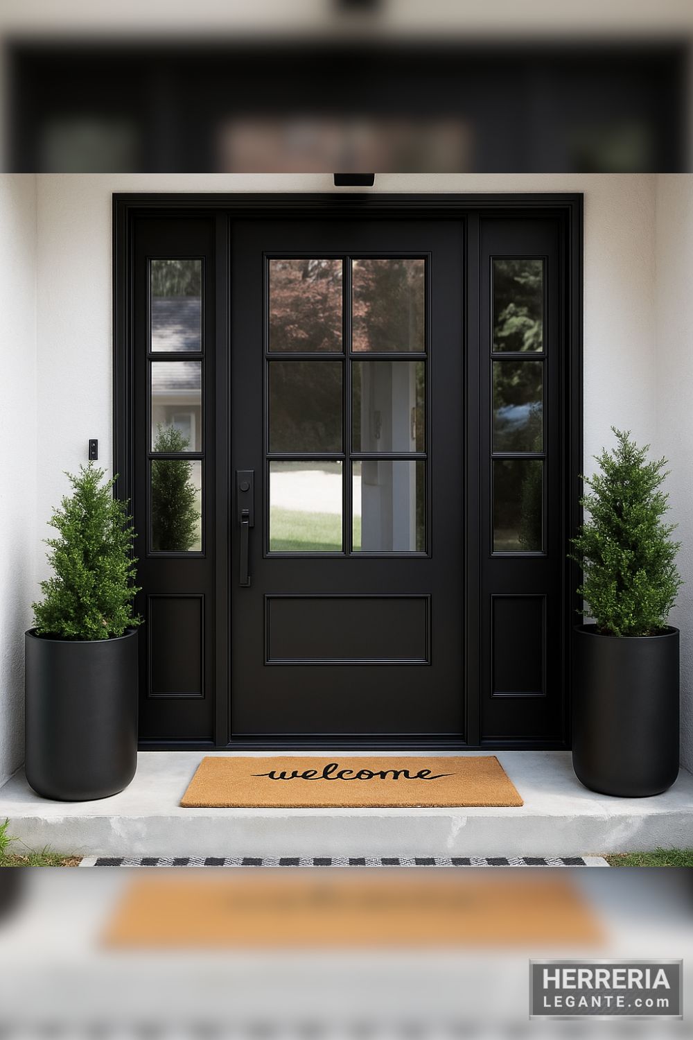 puerta de herrería negra con paneles laterales y ventanas, en fachada moderna con plantas en macetas negras y felpudo de bienvenida