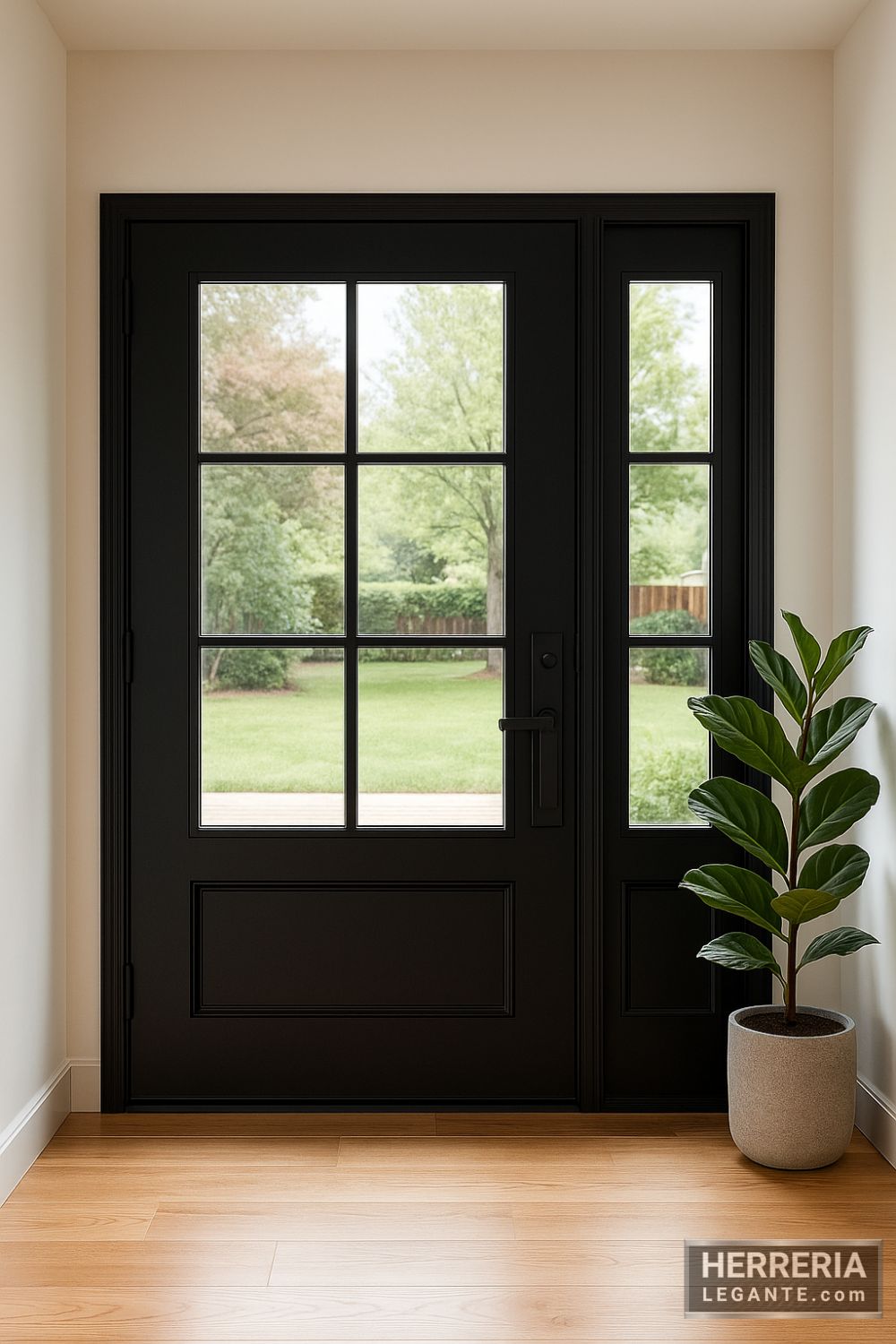 puerta de herrería negra con paneles laterales y ventanas, vista interior hacia jardín con planta decorativa