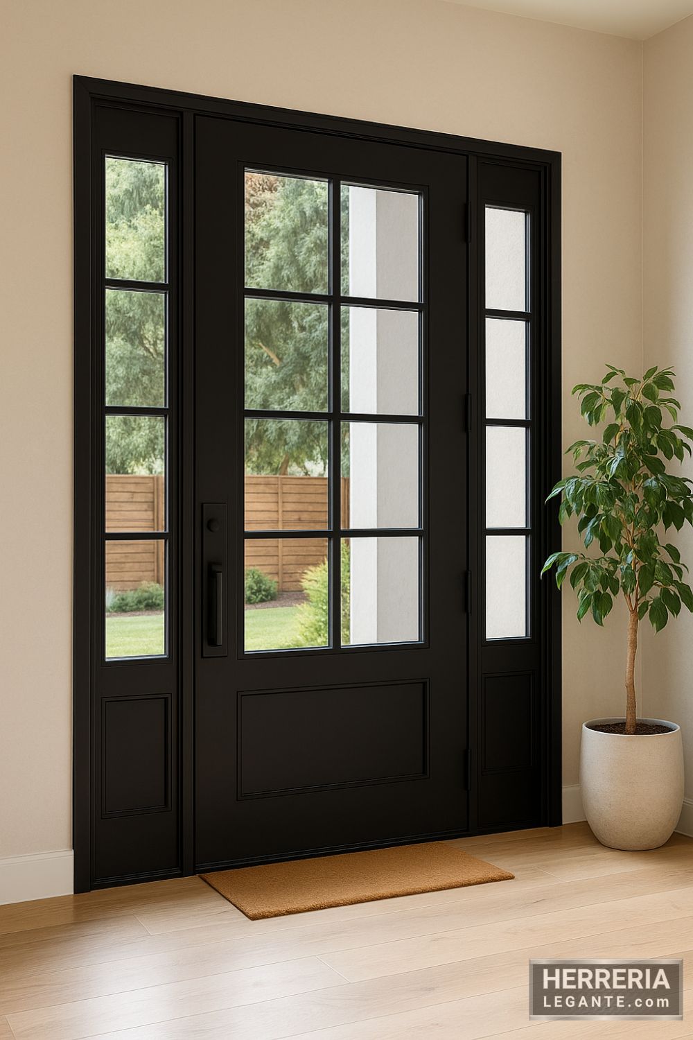 puerta de herrería negra con paneles laterales y ventanas, vista interior hacia jardín con planta decorativa