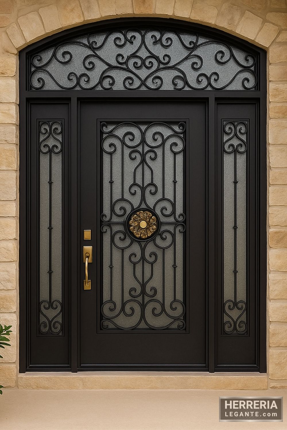 Puerta de herrería negra con diseño ornamental y medallón dorado, instalada en fachada revestida con piedra natural beige