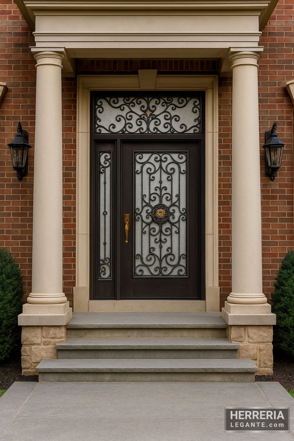 Puerta de herrería grande con diseño ornamental y medallón dorado en entrada principal de residencia elegante y amplia con columnas y ladrillo visto