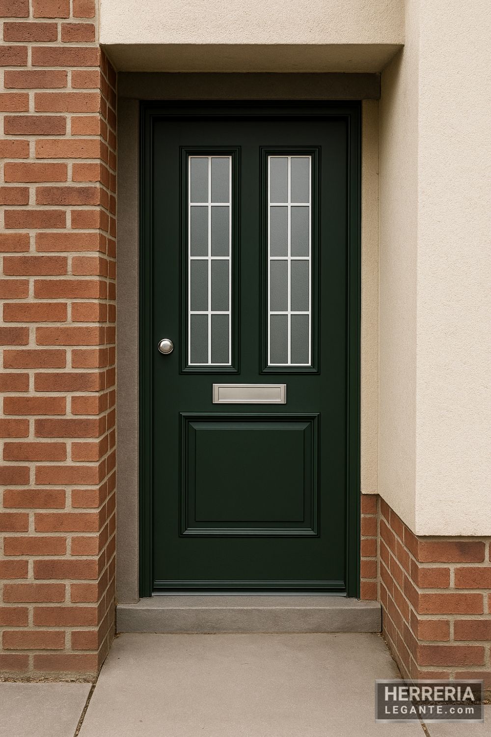 Puerta de herrería sencilla en color verde oscuro con vidrios rectangulares y buzón metálico en acceso lateral de casa urbana con ladrillo y estuco