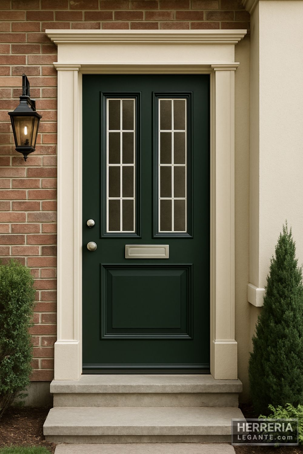 Puerta de herrería sencilla en color verde oscuro con vidrios rectangulares y buzón metálico en fachada de casa clásica con ladrillo y molduras coloniales