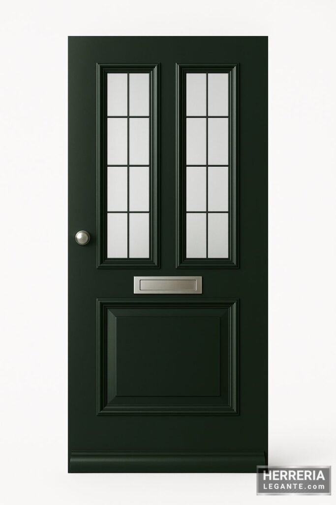 Puerta de herrería sencilla en color oscuro con dos paneles de vidrio rectangulares y buzón metálico integrado