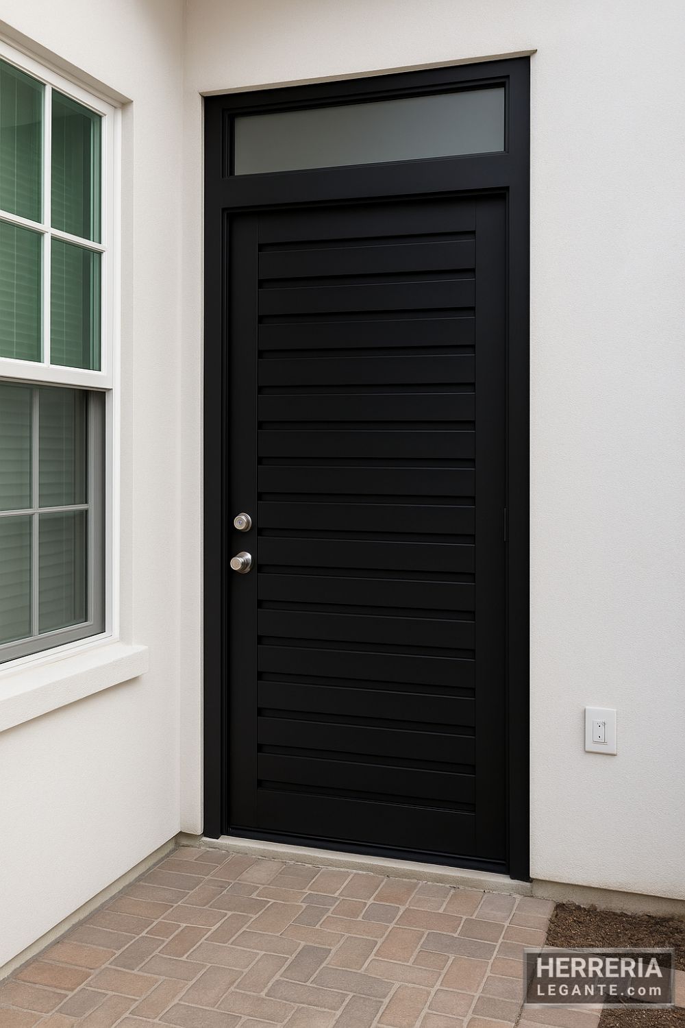 puerta de herrería sencilla negra con franjas horizontales y tragaluz superior, instalada en fachada de departamento independiente en primer piso