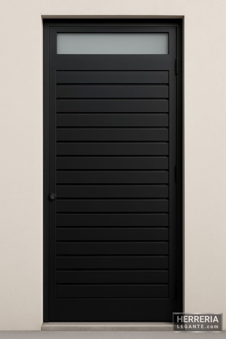 puerta de herrería sencilla con franjas horizontales y tragaluz superior rectangular, ideal para entradas secundarias en viviendas urbanas