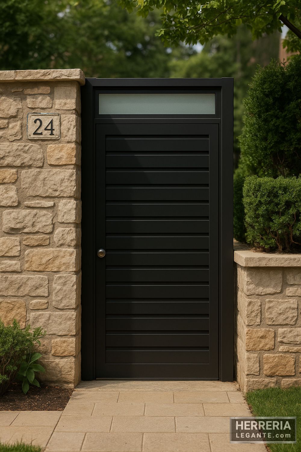 puerta de herrería negra con franjas horizontales y tragaluz rectangular instalada en entrada secundaria entre muros de vivienda urbana