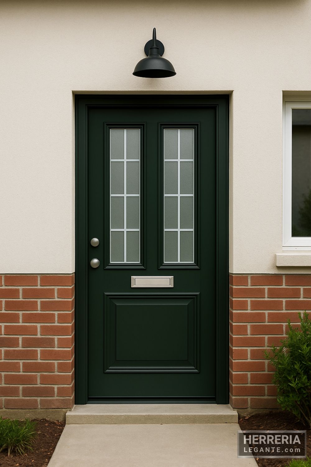 Puerta de herrería sencilla en color verde oscuro con vidrios rectangulares y buzón metálico en fachada de vivienda compacta con ladrillo y estuco claro