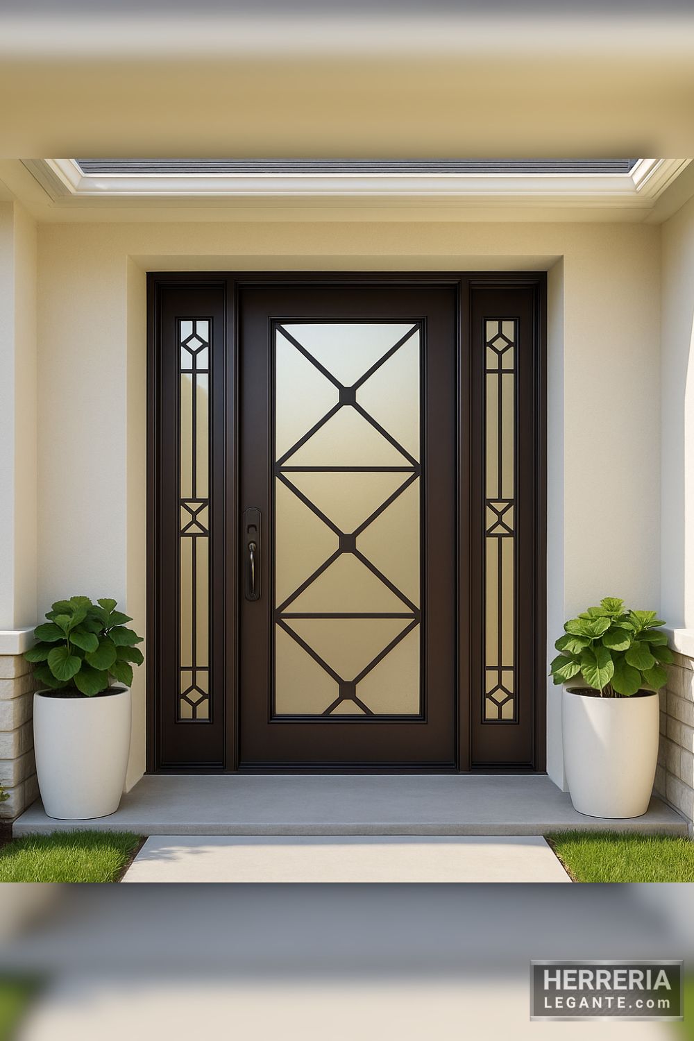 Puerta de herrería simétrica con laterales fijos y vidrio esmerilado instalada en entrada principal de vivienda amplia y luminosa