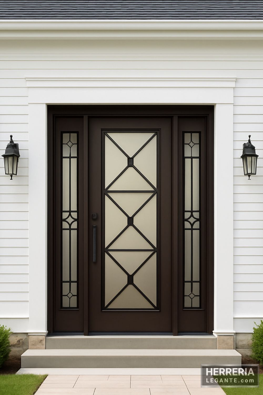 Puerta de herrería simétrica con vidrio esmerilado en fachada residencial equilibrada con ventanas alineadas y contraventanas negras