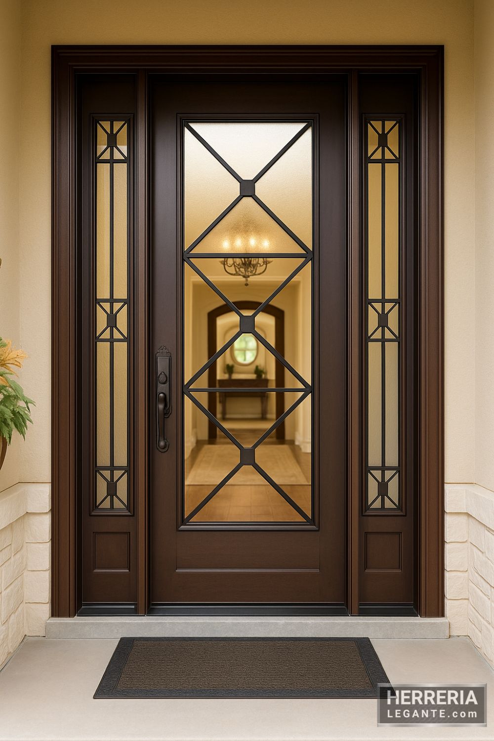 Puerta de herrería simétrica con laterales fijos y vidrio esmerilado vista desde el exterior, mostrando un vestíbulo amplio y decorado