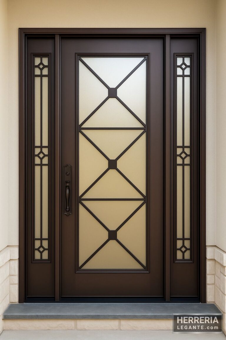 Puerta de herrería simétrica con panel central de rombos y laterales fijos decorativos en vidrio esmerilado, instalada en fachada elegante