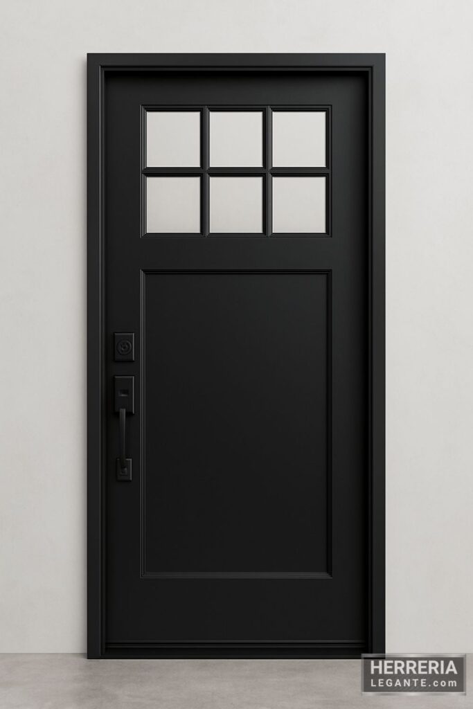 puerta de herrería negra con seis pequeñas ventanas en la parte superior y panel inferior liso, ideal para entradas principales modernas con estilo sobrio