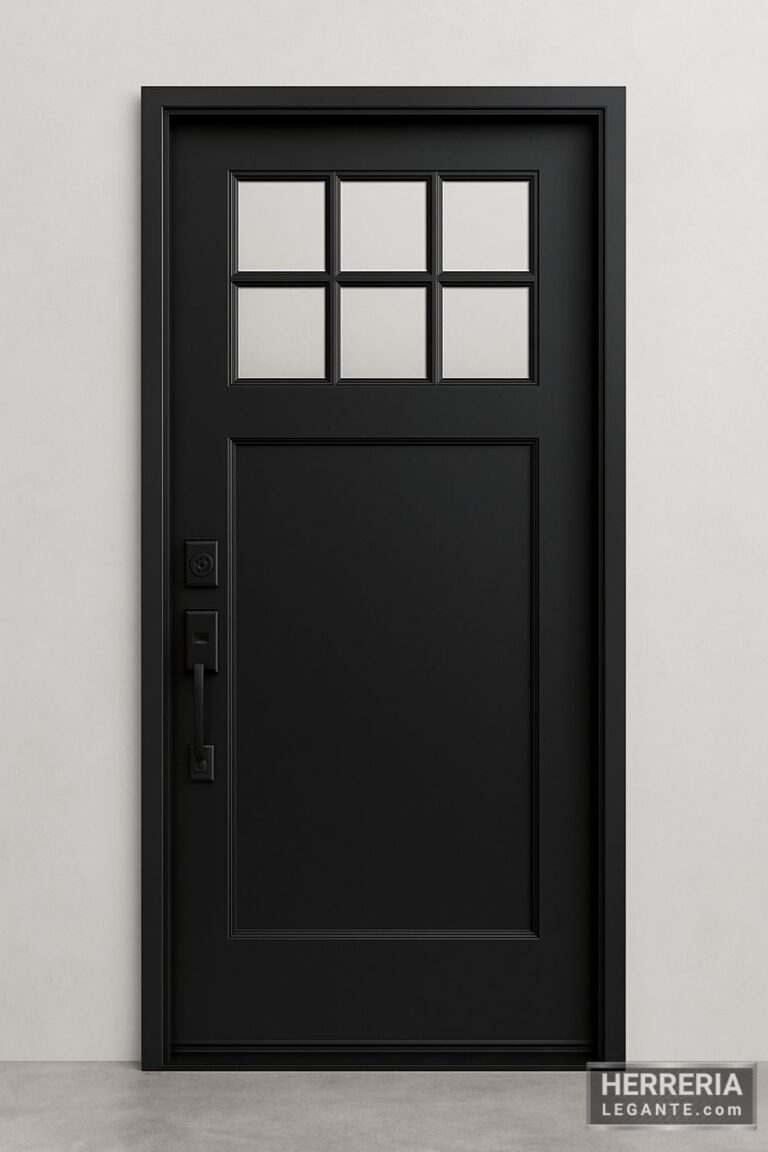 puerta de herrería negra con seis pequeñas ventanas en la parte superior y panel inferior liso, ideal para entradas principales modernas con estilo sobrio