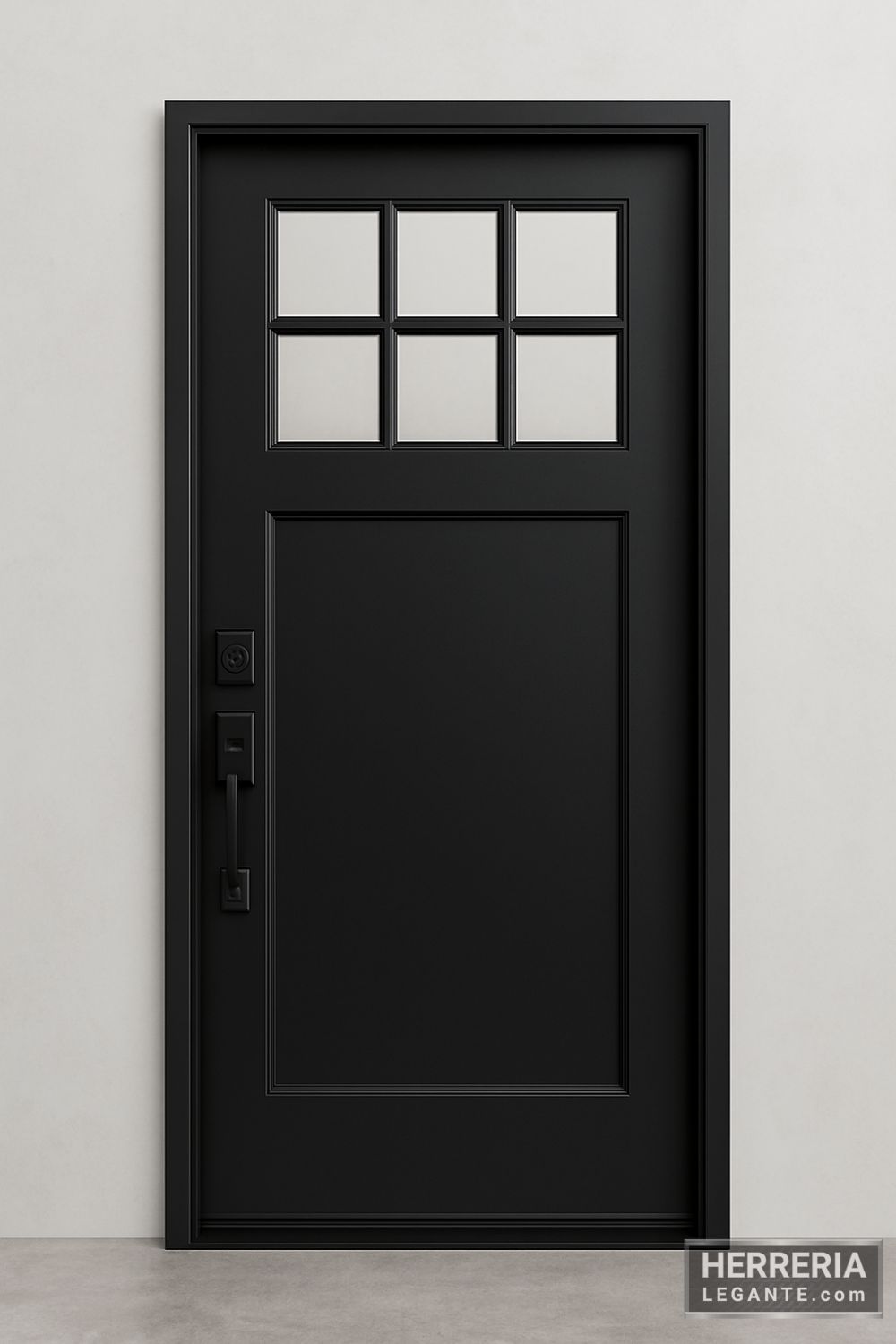 puerta de herrería negra con seis pequeñas ventanas en la parte superior y panel inferior liso, ideal para entradas principales modernas con estilo sobrio