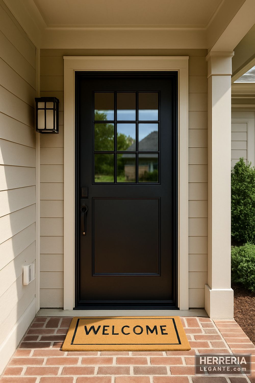 puerta de herrería negra con tragaluz de seis paneles y panel inferior, instalada en ingreso semicubierto con porche moderno y columnas laterales