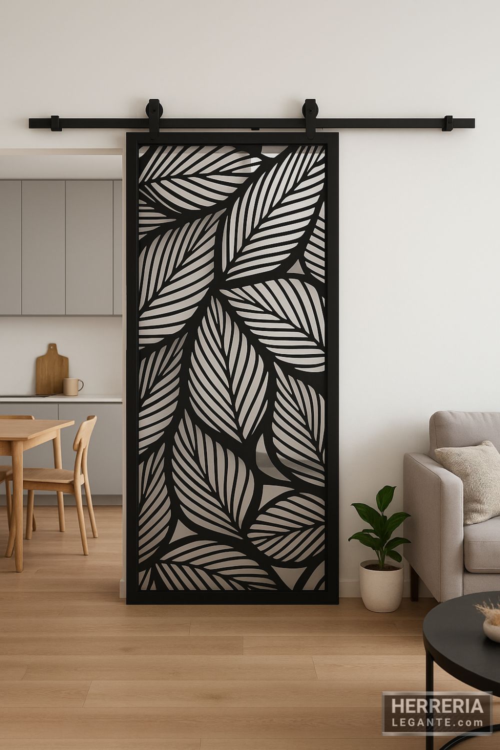 puerta corrediza negra con diseño de hojas caladas, instalada entre una sala minimalista y un estudio con cocina integrada